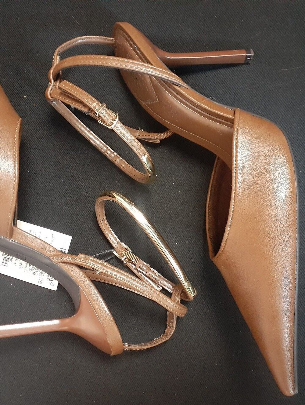 Zara Nwt Latte Brown Pointed-Toe Stiletto Slingback Heels In Faux Leather - Picture 3 of 16